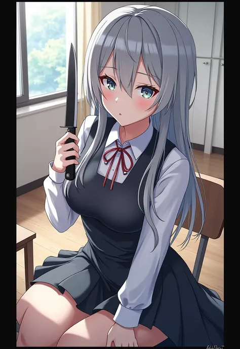 Anime girl sitting at desk with knife in hand,  charming anime girl , perfect Gray-haired girl, 4K Manga Wallpaper,  Best Anime 4K Konachan Wallpaper , 4k anime wallpaper, Gray-haired女の子, Beautiful Anime High School Girls, Anime Art Wallpaper 8K, Anime Sty...