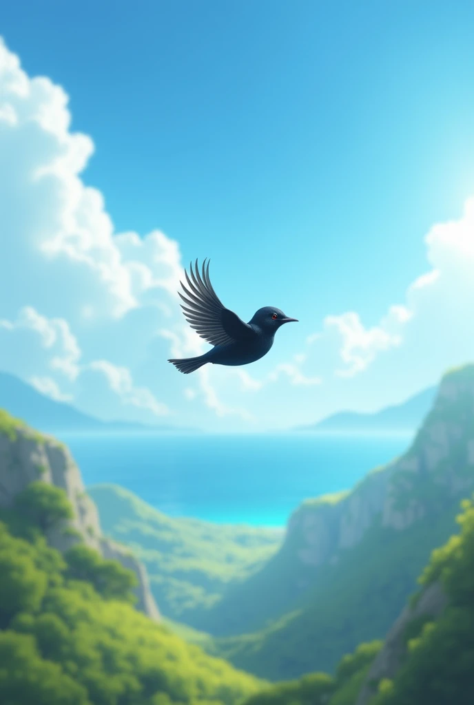 A black and very very smalle bird flying in a beautiful sky its make very naturaly