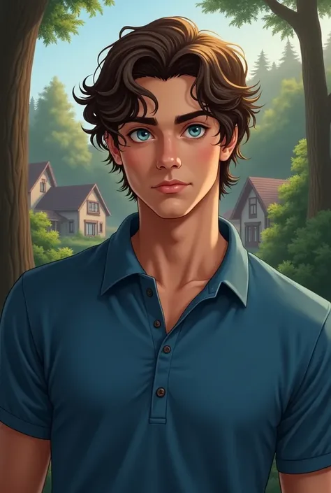  Handsome 18 year old man dressed in blue polo with light eyes handsome white skin,  wavy hair , with a seductive look , against the background of houses in a forest 