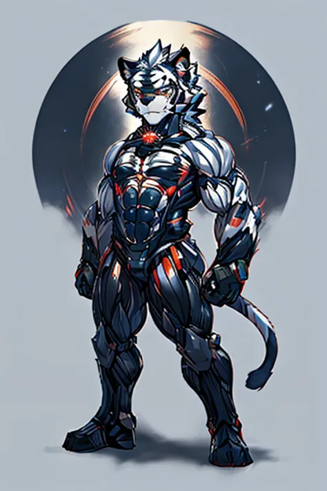 kogenta (onmyou taisenki), a furry white tiger ,shota,(moderately strong body),1 white tiger wearing a furry nano-suit , mechani...