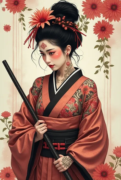 Geisha samurai style in a chrysanthemum tattoo style