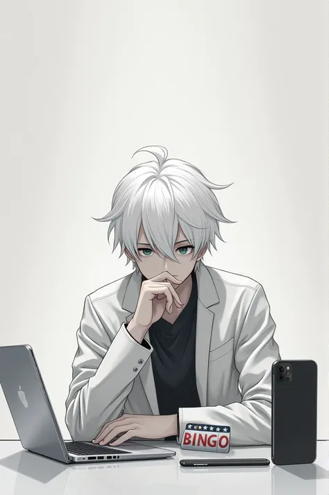 a boy with white hair a white jacket sitting at a table with a laptop iPhone an iPhone phone a sign that says BINGO and leaving a space to write 