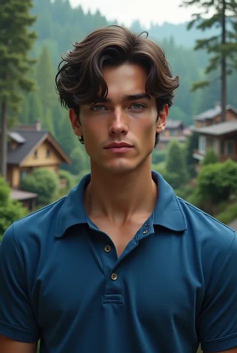 Beautiful 18-year-old realistic man in 8D dressed in blue polo with light eyes handsome white skin,  wavy hair , with a seductive look , against the background of houses in a forest 