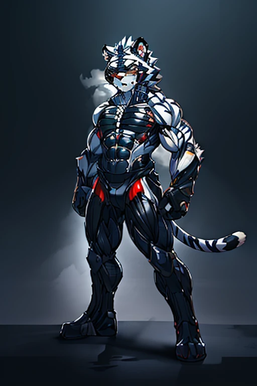 Kogenta (Onmyou Taisenki), A furry white tiger ,Shota,(Moderately strong body),1 white tiger wearing a furry nano-suit , mechanization,Brain WM ,hypnosis,,,,Big crotch bag,fighting stance,karate,Collar,,night, in the dark,open thighs、 、、、 looking at the au...