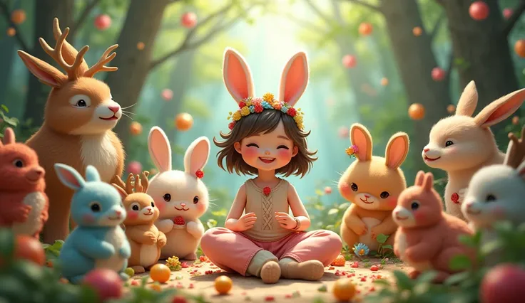 "Gudia surrounded by forest animals like rabbits, deer, birds, and even the previously scary monster, all smiling and celebrating together. The scene has a festive vibe with colorful decorations, sweets, and happy faces."