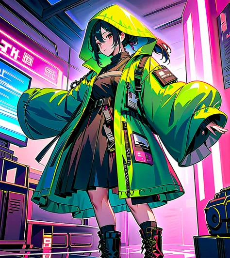  Ruthless Woman Standing on a Shelf in a Raincoat and Boots, stylish Rave Coat, wearing  cyberpunk streetwear ,  cyberpunk streetwear ,  cyberpunk fashion clothes,  Cyberpunk Anime Girl Hoodie in Camouflage Clothes , Cyberpunk Fashion Clothes, cyberpunk cl...