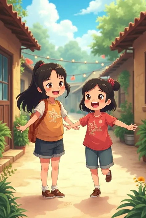 Nena (a kind-hearted young woman) and Neneng (a cheerful girl) welcoming visitors from the province, with excitement and joy on their faces. Style: Anime-inspired rens book illustration.