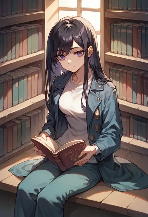 Jacket x mannish pants, smile, closed mouth, 1girl, violet eyes, black hair, naughty, cool, straight hair, long hair, expressionless, sitting, library, book, reading