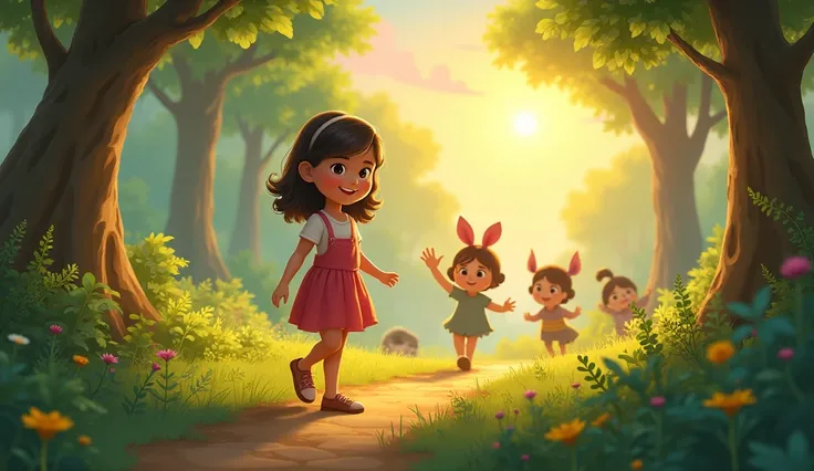 "Gudia walking back home with a satisfied smile on her face. Behind her, her forest friends wave goodbye from a distance, and the magical forest appears peaceful in the sunset."