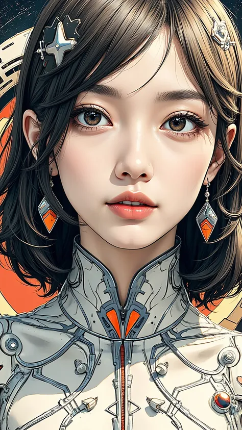 ((best quality)), ((masterpiece)), (detailed), perfect face of cyberpunk mecha japanese girl, surreal, art nouveau, in the illustrative style of moebius, spaceships, aliens, fantasy, sci-fi, graphic novel, line drawing, french retro,
