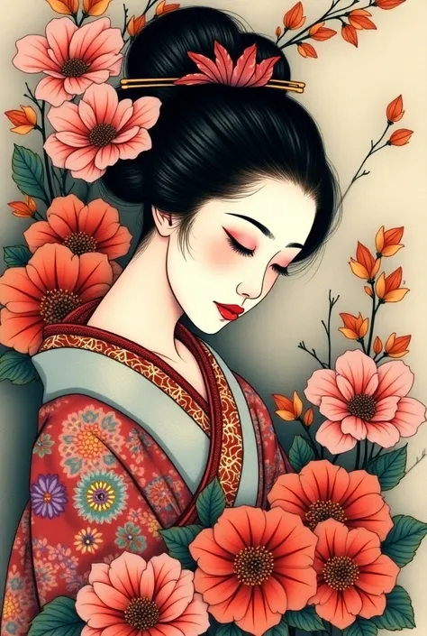 Geisha inside a flower Japanese tattoo style 