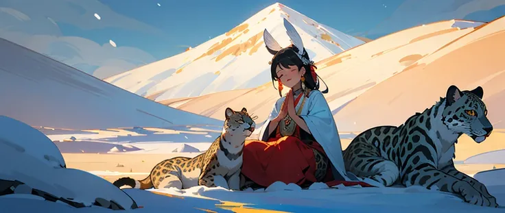 (Illustration) (divine ambiance) young Tibetan woman meditating on a snowy peak closed eyes,red sari, bindi, big gold earrings; with a humongous snow leopard beside her sitting; surrounded by majestic snowy mountains in the background, atmospheric dusk tim...