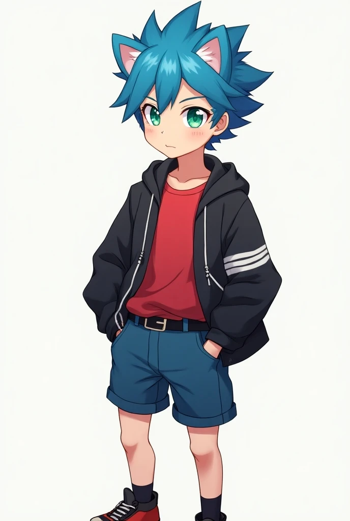 anime image, 19-year-old anime boy , with hedgehog ears , blue hair,  green-eyed, red shirt, Black sweatshirt, with sleeves, black belt, blue shorts,  black and white socks , red shoes, black and white gloves , without syrup