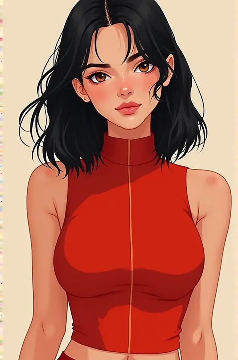  Make an illustration of a 27-year-old woman wearing a red outfit. She has shoulder-length black hair and honey-colored eyes 
