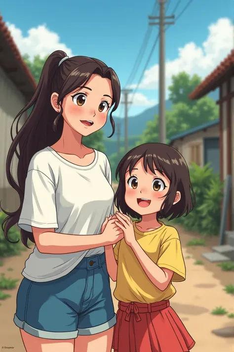 Nena (a kind-hearted young woman) and Neneng (a cheerful girl) welcoming visitors from the province, with excitement and joy on their faces. Style: Anime-inspired rens book illustration.