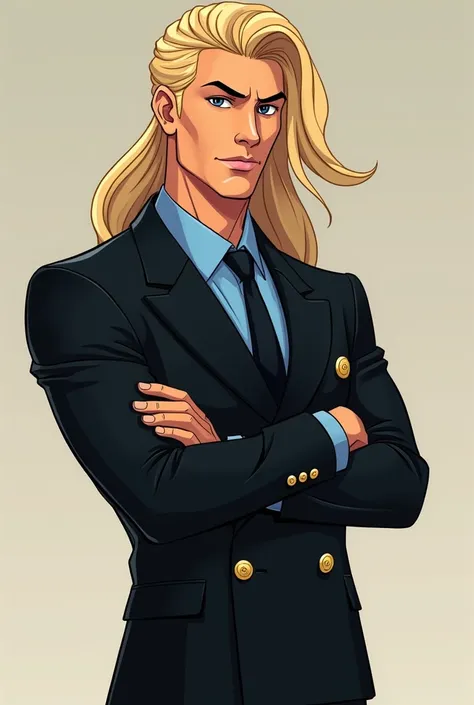 a tall, lean, muscular man with long legs and chin-length blonde hair, which he keeps brushed over one side of his face wearing a black double-breasted suit with gold buttons and a tie along with a long-sleeved blue shirt in pixar style 