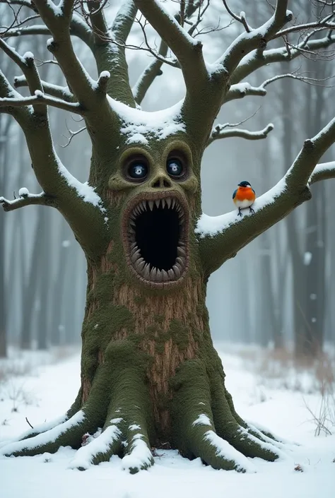 A living tree that can move, it has eyes and a mouth carved into the tree. He doesnt have any leaves. There is freshly fallen snow on its branches. There is a bullfinch sitting on one of its branches. It stands in a snowy forest.