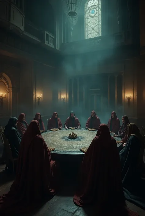  A building in the western style of the 16th century .  Inside there are 12 large chairs arranged in a circular manner seated by people dressed in noble robes,  A very large round table in red and black is in the center of the chair . Classic western style...