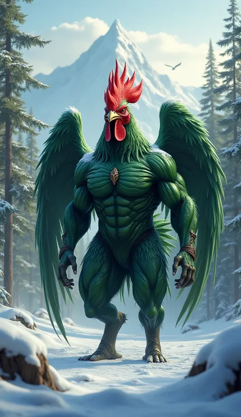 "Create a realistic and striking image of a mythical hybrid creature resembling a rooster with the body of a muscular humanoid. The creature should have vibrant green feathers, red comb, and a roosters head, with powerful wings and a tail covered in feathe...