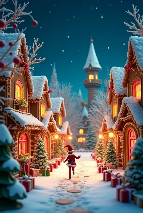 Christmas City , Its night, Stars shine in the sky, a magical Christmas city ,  gingerbread houses and sweet trees , never falling, Nate elves