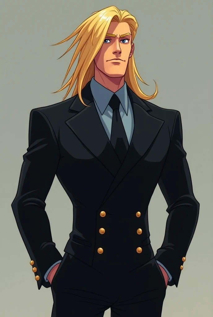 a tall, lean, muscular man with long legs and chin-length blonde hair, which he keeps brushed over one side of his face wearing a black double-breasted suit with gold buttons and a tie along with a long-sleeved blue shirt in pixar style 