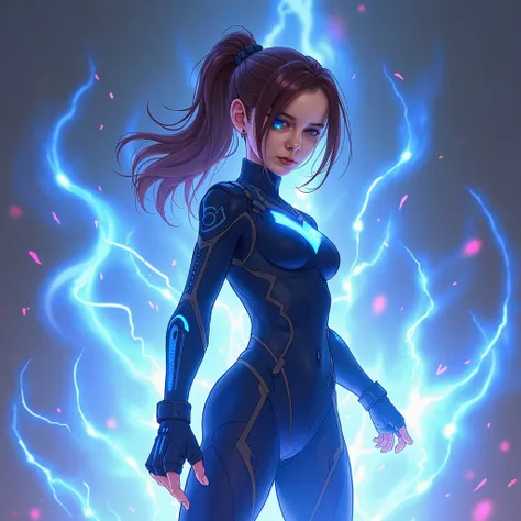 "An 18-year-old girl with a fierce, determined aura stands in a battle-ready stance, her intense gaze radiating raw power as she charges a powerful energy akin to the KI technique from Dragon Ball Z. She has fair skin, an upturned nose that adds a unique c...