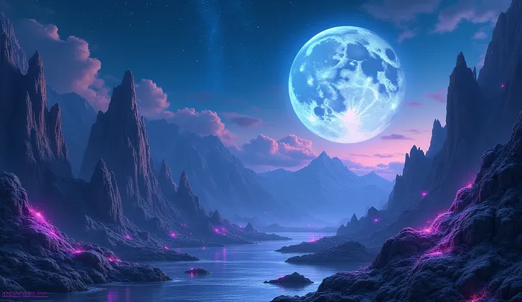 a detailed fantasy landscape, large moon in night sky, mountain with glowing rocks, beautiful detailed stars, ethereal atmosphere, digital painting, intricate details, cinematic composition, dramatic lighting, vibrant colors, seamless blend of elements, hy...