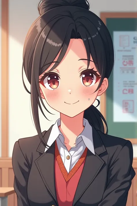 Make a female anime teacher, smiling from the front, with strong Japanese traits  