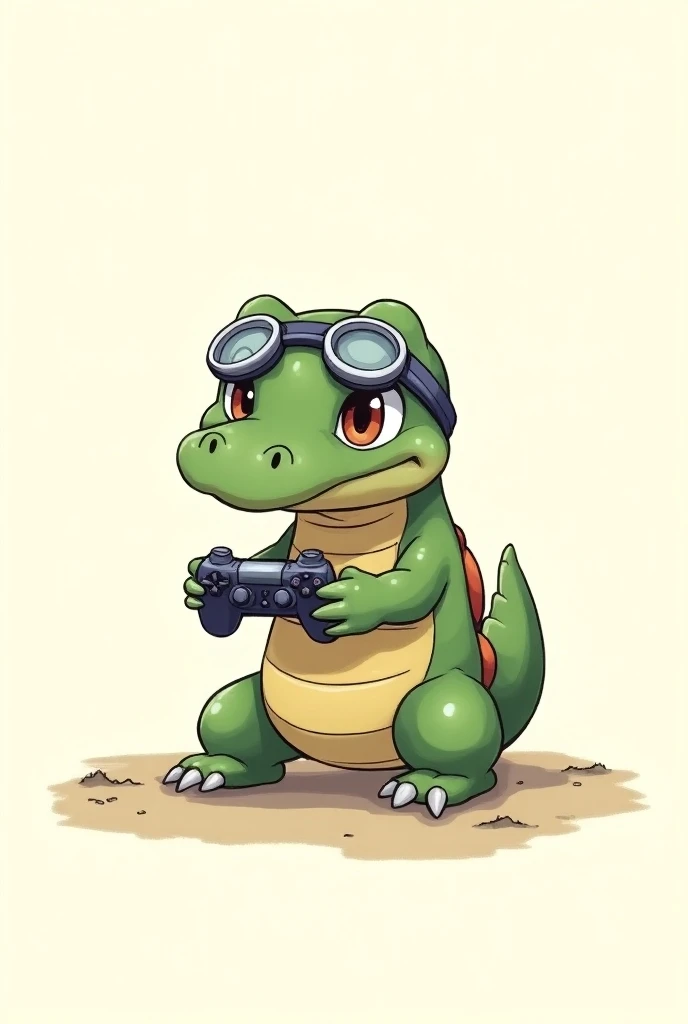 Illustrate a doodle art of a Baby Gator with a squirtle goggles Playing game with a playstation controller with and empty background
