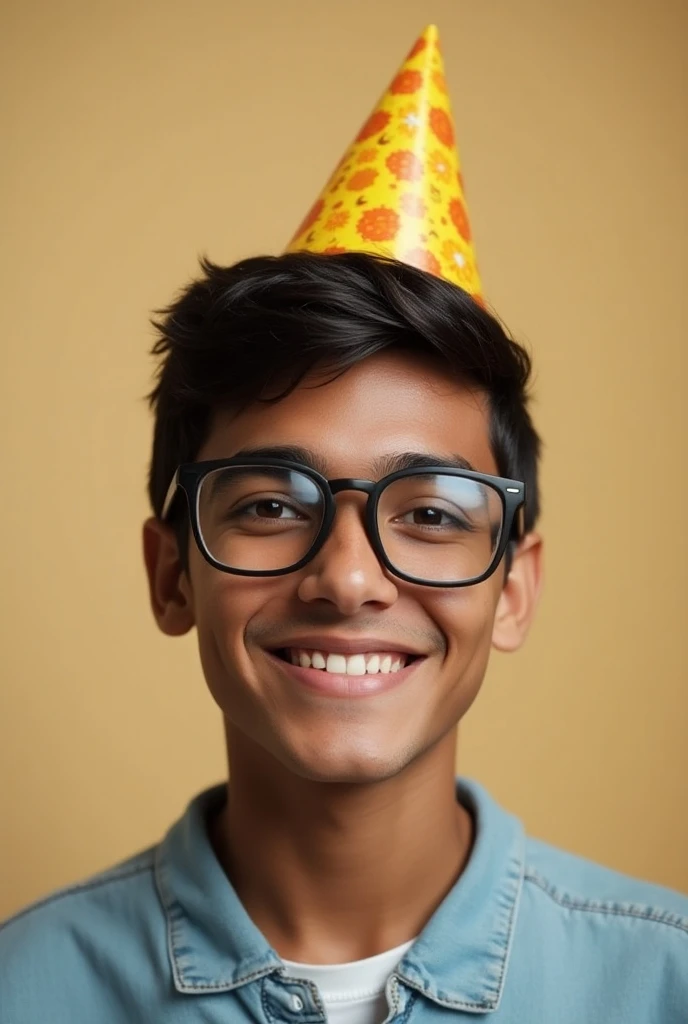 Boy with short black hair , with black beard, with glasses smiling ,  brown skin color ,  with a birthday hat 
