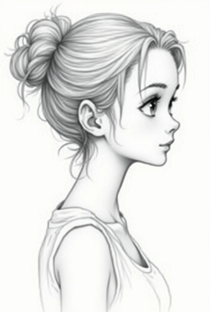 Create a sketch of a drawing of a girl with her hair tied up looking from the side 