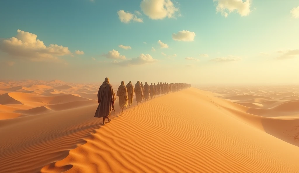 " A wide cinematic scene of an ancient group of desert tribes walking through an endless desert with high sand dunes and a vast blue sky with scattered clouds.  The group wears traditional Middle Eastern robes and head coverings ,  walking in unison with a...