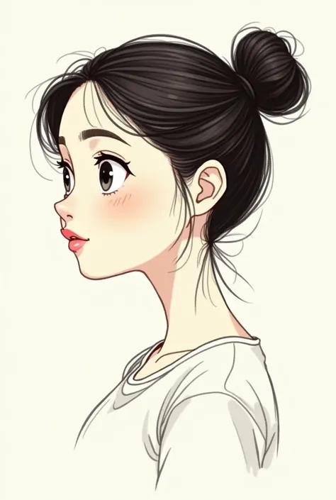 Create a sketch of a drawing of a girl with her hair tied up looking from the side, with an animated style 