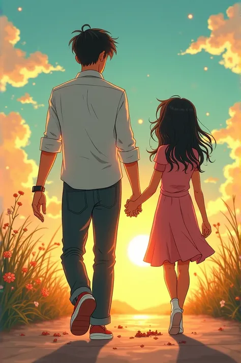 Narciso (a handsome young man) walking away with a heavy heart, while Neneng (a cheerful girl) stands behind, looking devastated and lost. Beautiful girl. Style: Anime-inspired rens book illustration.