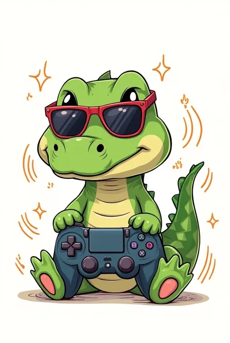 Illustrate a doodle art of a Baby Gator with a pokemon shades Playing game with a playstation controller for a Logo

