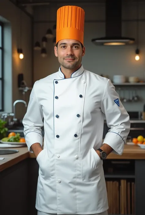 Chef in a white uniform orange hat with blue buttons