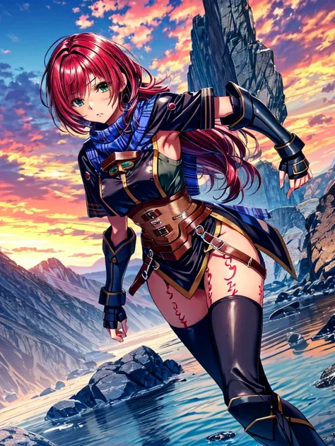   score_9,   score_8_up,   score_7_up,masterpiece, 4K, Realistic, Best Quality, nelzelpher,
1girl, red hair, short hair, green eyes, purple eyes, scarf, armor, fingerless gloves, tattoo, thighhighs, boots,(long hair:1.6)