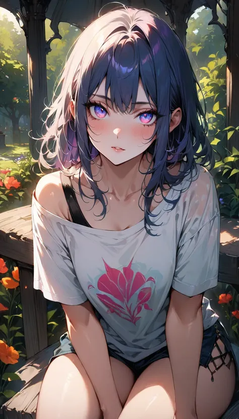 (best quality,ultra-detailed,highres,masterpiece:1.2), detailed eyes, realistic facial features, intense gaze, flawless skin, alluring, soft and natural lighting, vibrant colors,sfw, cool hair,,heeled,Sitting on the gazebo,garden,low shoulder t-shirt,perfe...