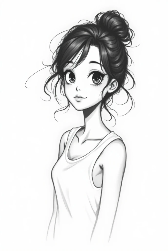 Create a sketch of a drawing of a girl with her hair tied up looking from the side, with an animated black and white style 