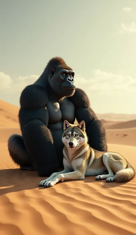 "In the vast, sun-bleached desert, a mighty gorilla with powerful arms and a thick, dark coat sits quietly on the sand, its thoughtful gaze scanning the horizon. Nearby, a sleek wolf with silvery fur and piercing yellow eyes rests beside the gorilla, its t...