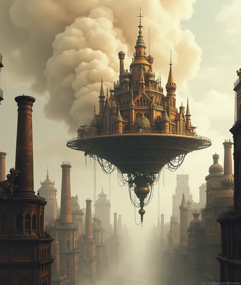 warm ink style, Steampunk world, musical church style architecture studio in steampunk spaceship, Suspended in the air of the city, thick clouds, grayish smoke from chimneys, Animation art in ink, Comic ink art, Water ink, ink, stain, 8k, Delicately portra...