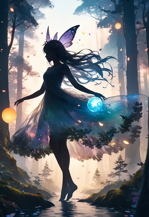 a mysterious forest shrouded in mist, (double exposure silhouette: 1.2), a forest fairy gracefully floating and drifting, detailed fantasy character, floating petals, glowing orbs, magical atmosphere, ethereal lighting, vibrant colors, cinematic compositio...