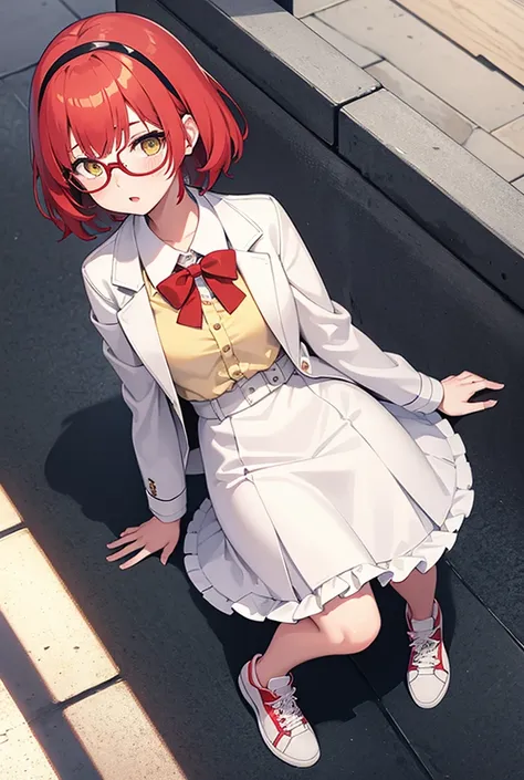 A girl, Red hair, short hair, straight bangs , Yellow Eyes ,  Hair Tie, blush, from above, Lolita headband , with round glasses, white sports jacket ,  white sneakers ,  black lolita style skirt