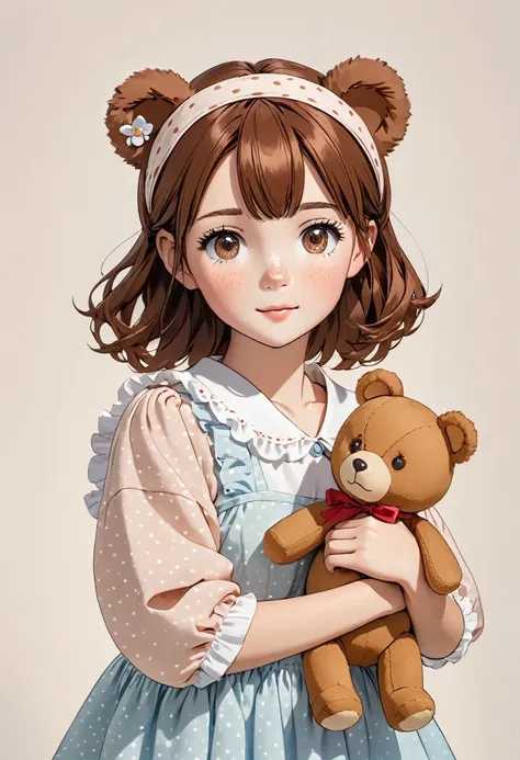 a doll with a headband stands looking at bear with open hands, 1girl, freckles, solo, teddy bear, stuffed toy, stuffed animal, brown eyes, brown hair, looking at viewer, simple background, animal ears