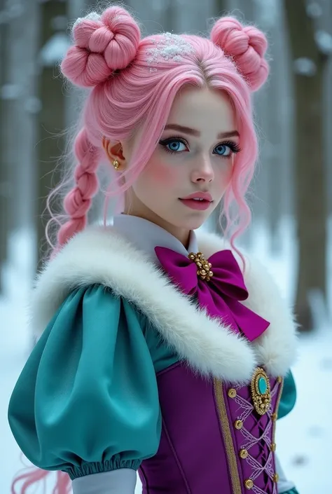 "A hyper-realistic portrait of a young woman standing in a snow-covered forest, with vibrant pink hair styled in voluminous curls and two playful buns on top. Her fair skin is flawlessly smooth, and her strikingly large blue eyes, adorned with intricate ma...