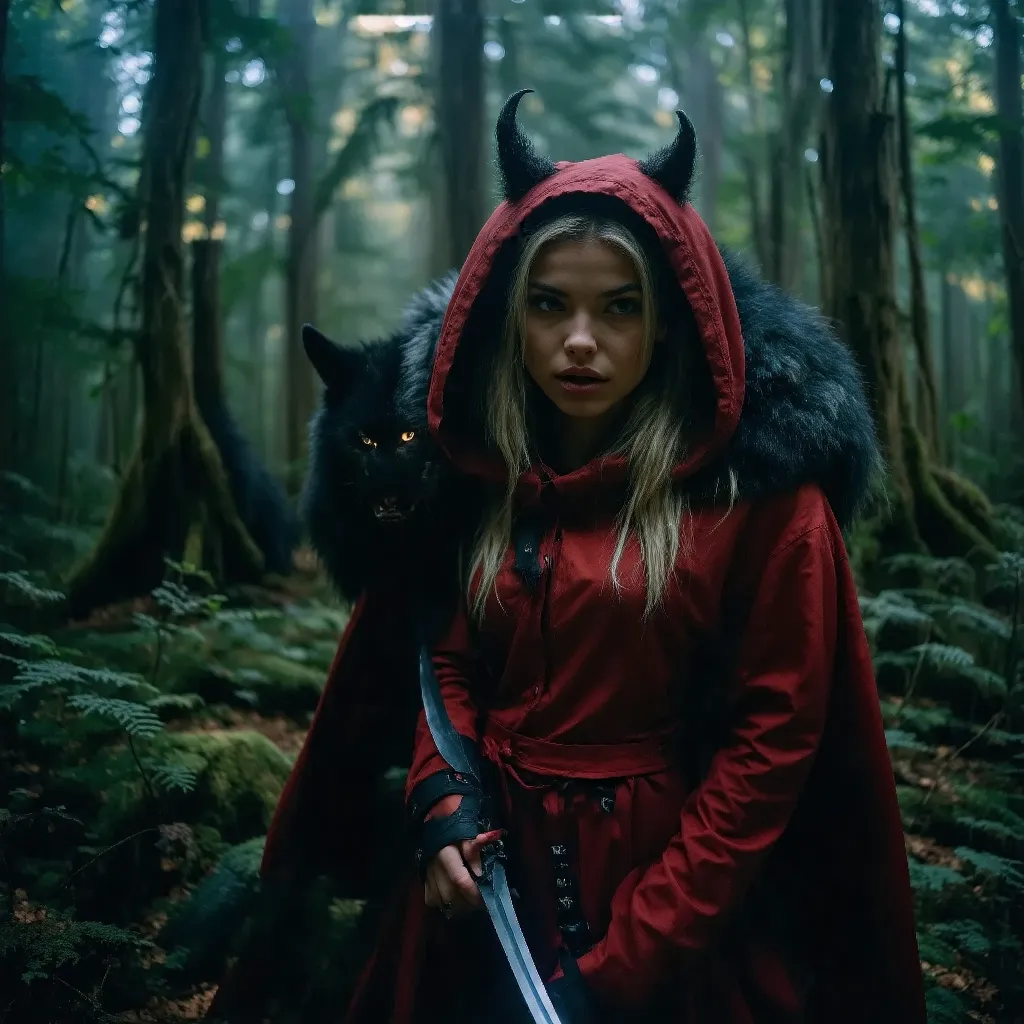 design a breathtaking photorealistic image of little red riding hood as veronica marlowe, embodying the spirit of a ninja assass...