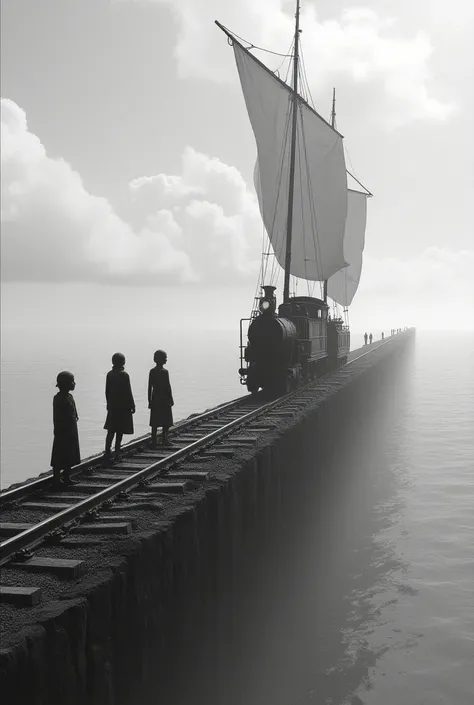  Make a creation in black and white where 4 ren are on a train track , with a train that they created ,  but the train has a sail from a ship where the track is made above the sea,   and in the distance you can see that some storms are coming  