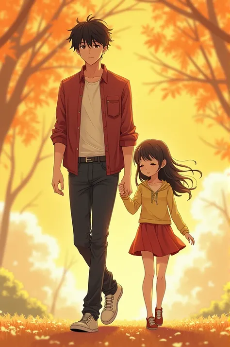 Narciso (a handsome young man) 

walking away with a heavy heart, while Neneng (a cheerful girl) stands behind, looking devastated and lost. Beautiful girl The same height with the boy. Style: Anime-inspired rens book illustration.