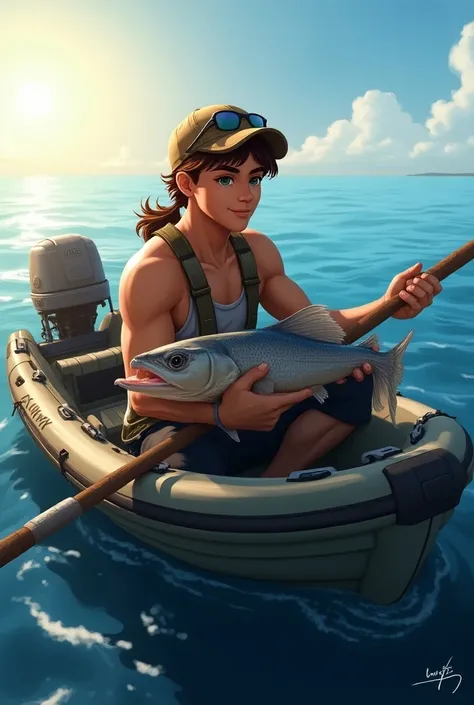  Young brown and ponytailed fisherman in a zodiac wearing a cap and sunglasses and a merlin fish caught in his hands.  In the background the sea and the sun . Insert the text  "SpinningDavid GPX "