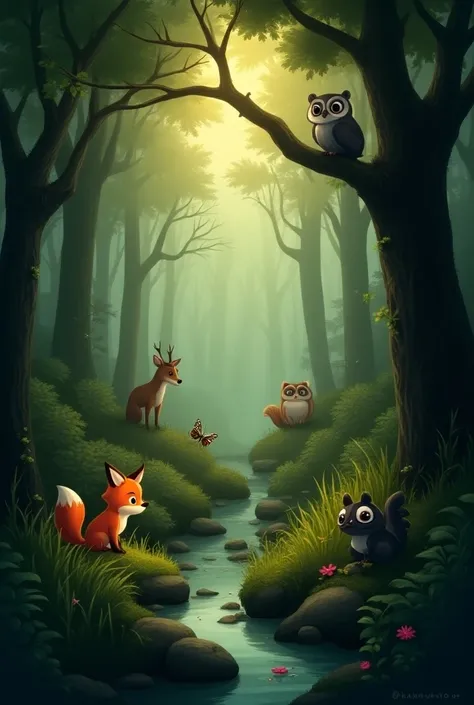 A quiet, dense forest scene at dawn, with seven animals cleverly hidden among the trees and foliage. A fox camouflages in tall grass, a deer partially obscured behind a large tree, and a raccoon peeks from behind a log. High above, an owl blends into a bra...